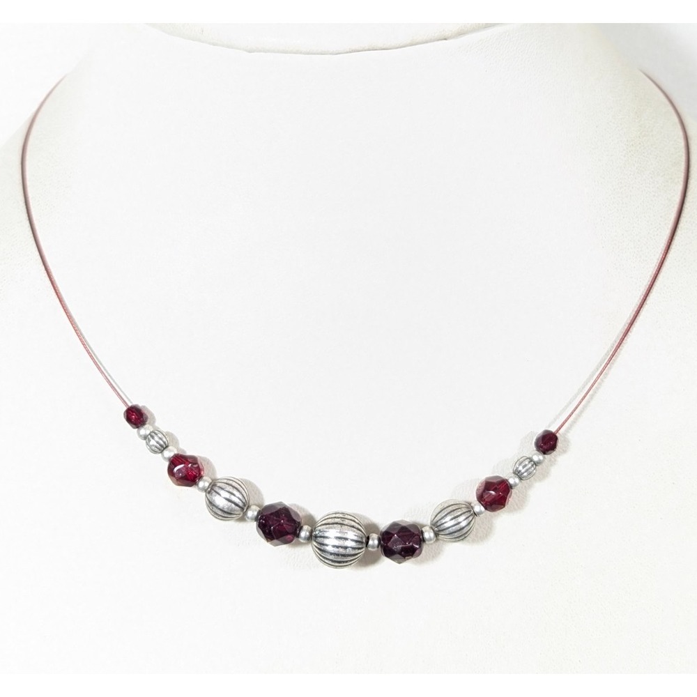 Lia‎ Sophia Deep Wine Red Beaded Ribbed Silver Tone Necklace 19"